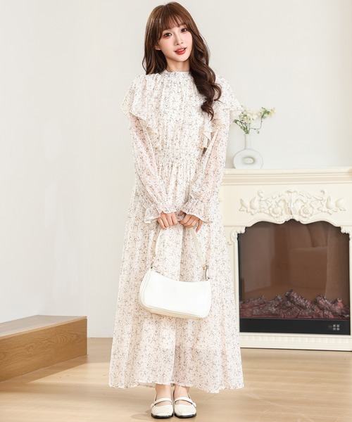 Anely ワンピース 小花柄 フリル バックリボン ロング ワンピース