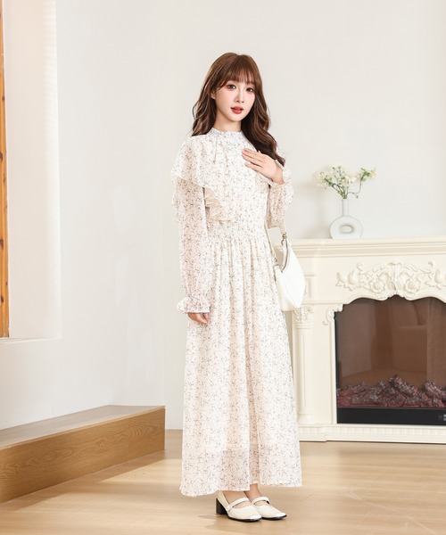 Anely ワンピース 小花柄 フリル バックリボン ロング ワンピース