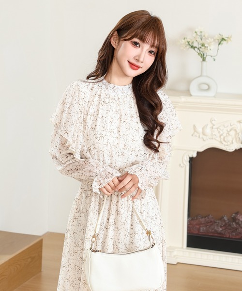 Anely ワンピース 小花柄 フリル バックリボン ロング ワンピース