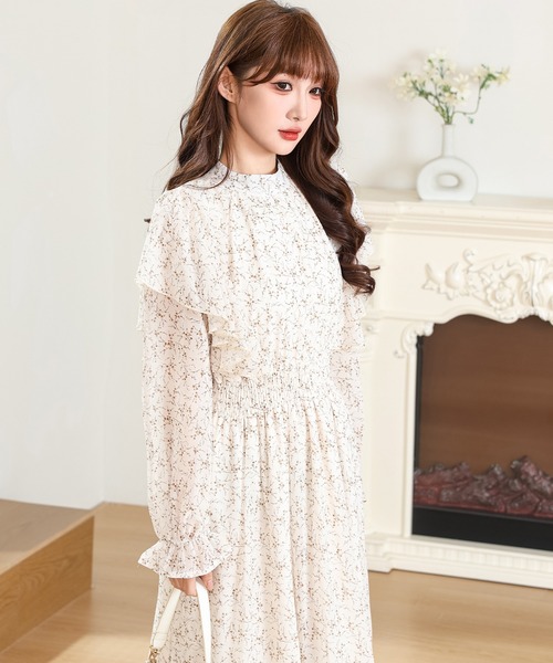 Anely ワンピース 小花柄 フリル バックリボン ロング ワンピース