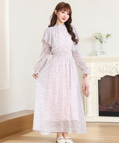ピンクハウス　花柄フリル襟長袖ロングワンピース　リボン　花籠　未使用　美品 Anely ワンピース 小花柄 フリル バックリボン ロング ワンピース