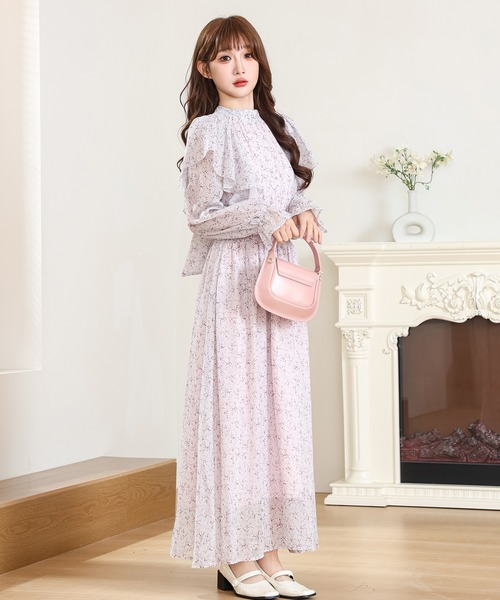 Anely ワンピース 小花柄 フリル バックリボン ロング ワンピース