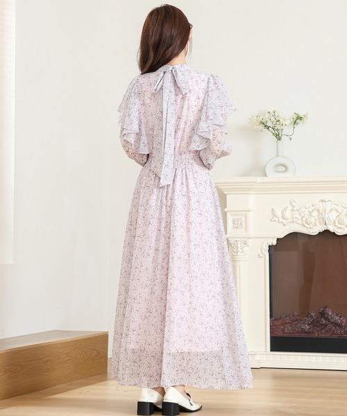 Anely ワンピース 小花柄 フリル バックリボン ロング ワンピース