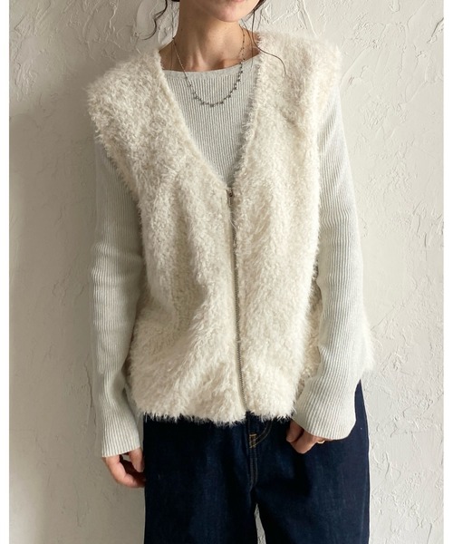 She's Closet ベスト ジレ 深Vネックフェザーヤーンダブルジップ