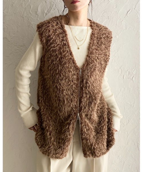 She's Closet ベスト ジレ 深Vネックフェザーヤーンダブルジップ