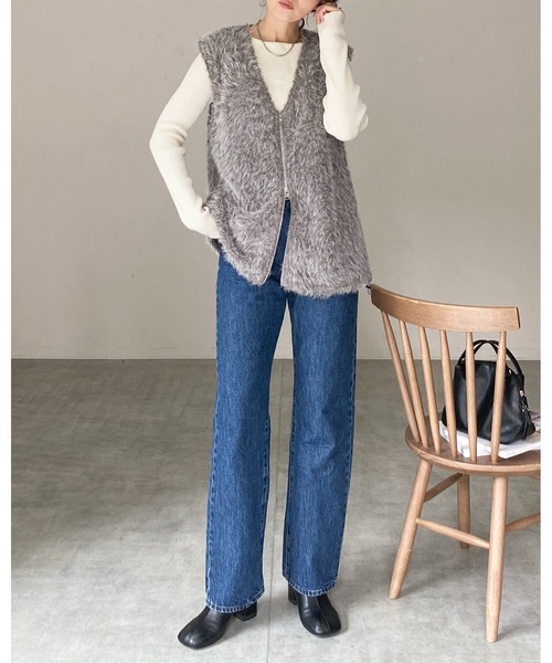 She's Closet ベスト ジレ 深Vネックフェザーヤーンダブルジップ