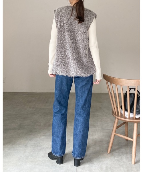 She's Closet ベスト ジレ 深Vネックフェザーヤーンダブルジップ