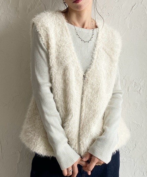 She's Closet ベスト ジレ 深Vネックフェザーヤーンダブルジップ