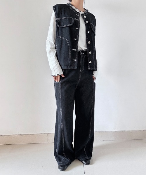 セットアップ デニムノースリーブトップス×ワイドパンツセットアップ