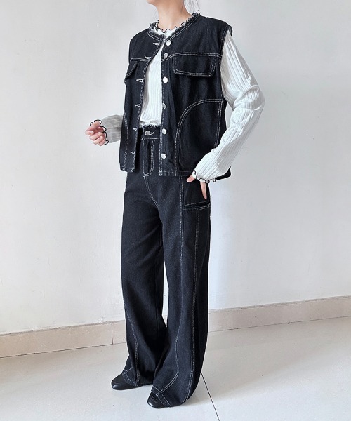 セットアップ デニムノースリーブトップス×ワイドパンツセットアップ