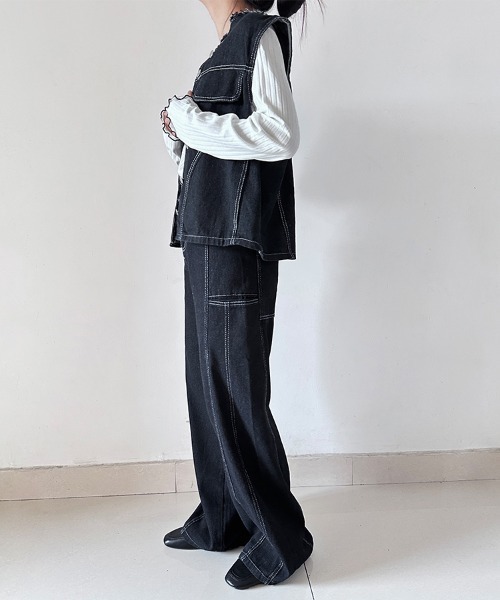 セットアップ デニムノースリーブトップス×ワイドパンツセットアップ