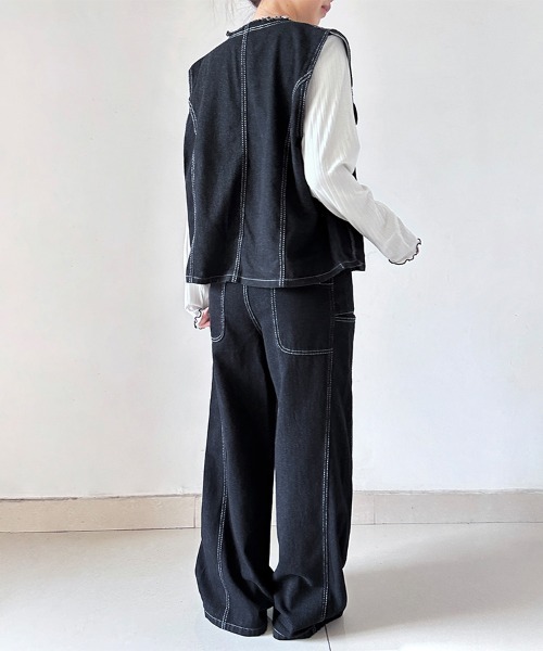 セットアップ デニムノースリーブトップス×ワイドパンツセットアップ