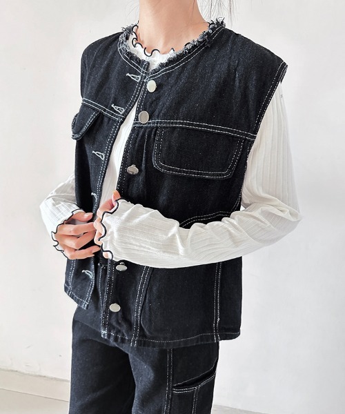 セットアップ デニムノースリーブトップス×ワイドパンツセットアップ
