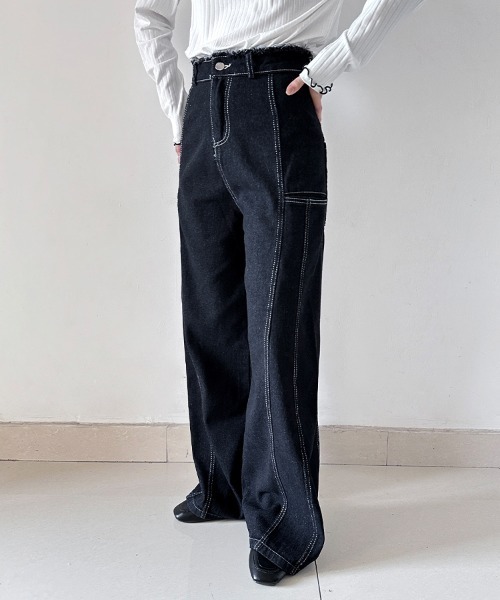 セットアップ デニムノースリーブトップス×ワイドパンツセットアップ