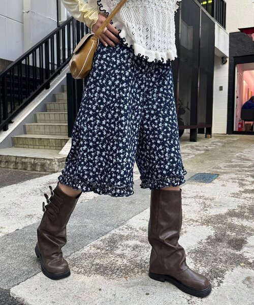 ハーフパンツ ワイドパンツ ジーンズ デニム デニムパンツ 「無地／花柄」裾フリルデニムハーフパンツ レディース