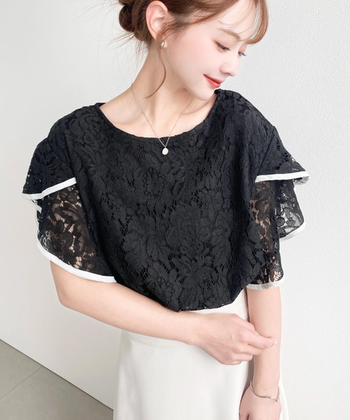 moment+ ブラウス シャツ 夏 コード刺繍レース配色フリルトップス 