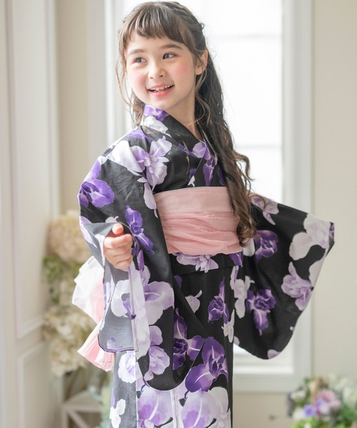 浴衣 背中ファスナー シワ兵児帯一体型ゆかた キッズ 子供 女の子の画像