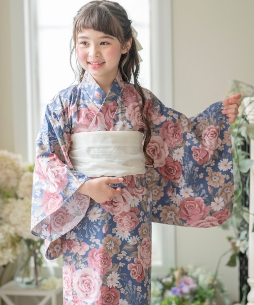 浴衣 背中ファスナー シワ兵児帯一体型ゆかた キッズ 子供 女の子の画像