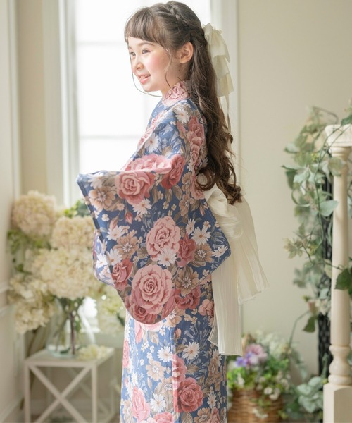 浴衣 背中ファスナー シワ兵児帯一体型ゆかた キッズ 子供 女の子の画像