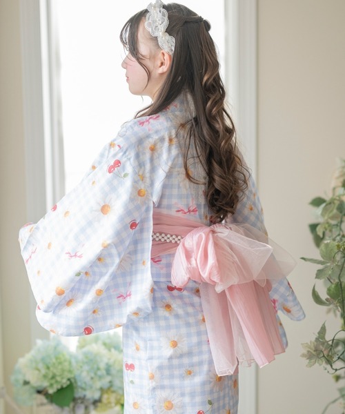 浴衣 背中ファスナー シワ兵児帯一体型ゆかた キッズ 子供 女の子の画像
