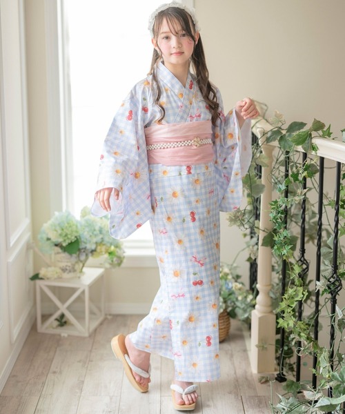 浴衣 背中ファスナー シワ兵児帯一体型ゆかた キッズ 子供 女の子の画像