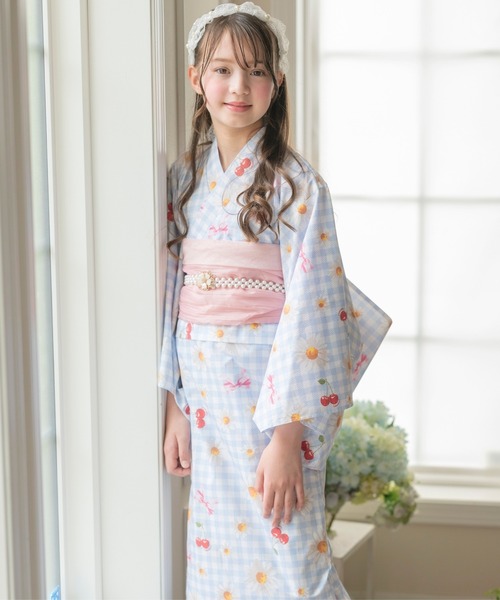 浴衣 背中ファスナー シワ兵児帯一体型ゆかた キッズ 子供 女の子の画像