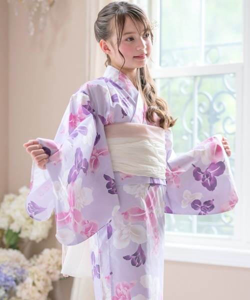 浴衣 背中ファスナー シワ兵児帯一体型ゆかた キッズ 子供 女の子の画像