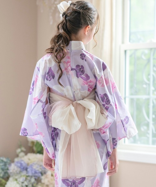 浴衣 背中ファスナー シワ兵児帯一体型ゆかた キッズ 子供 女の子の画像