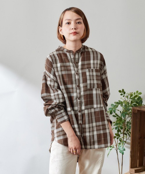 cepo（セポ） シャツ ブラウス チェックバンドカラーオーバーシャツ