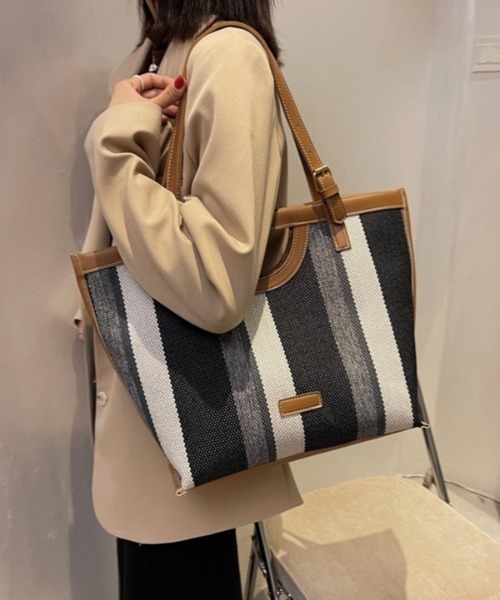 ★大容量★大人気ストライプショッピングトートバッグ★PARFOIS セール】大容量キャンバストートバッグ ストライプ エコバッグ