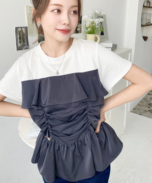 tシャツ スーピマコットン ドッキングペプラムカットソー レディース OPAQUE.CLIP 【シルキースーピマ】ドッキングペプラムカットソー