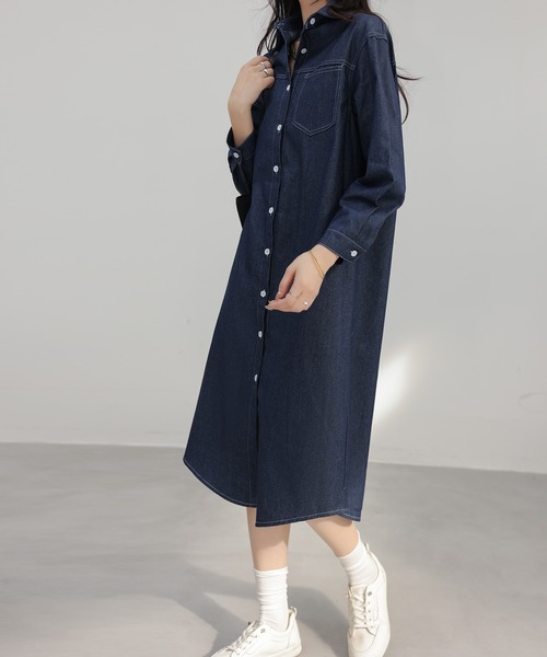 シャツワンピース 襟付きシングルブレストデニムワンピース : ZOZOTOWN