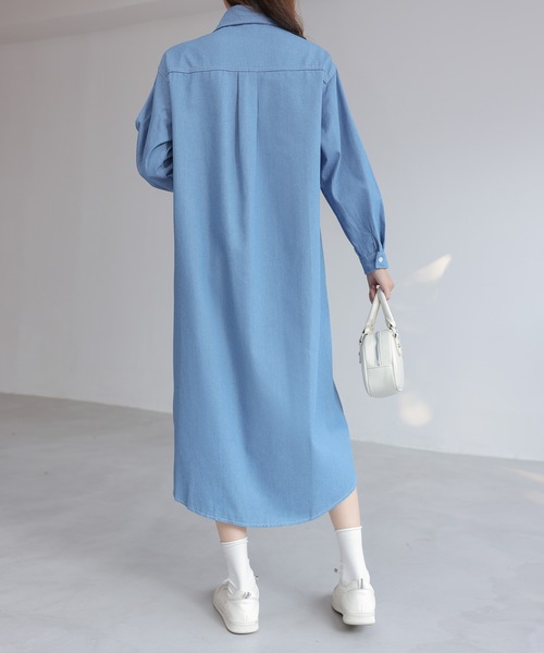   デニムシャツワンピース 34inch シャツワンピース 襟付きシングルブレストデニムワンピース : ZOZOTOWN