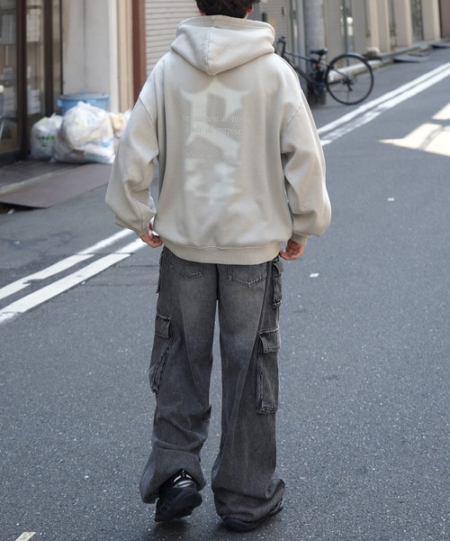 パーカー (M) ヴィンテージ風色褪せ プリント ブラウングレー系 古着 SEQUENZE パーカー ＊新色追加「SEQUENZ（シークエンズ）」WORK