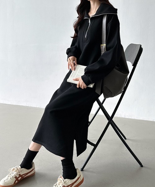 COCOMOMO ワンピース ゆるダボ ハーフジップ 裏起毛 ワンピース ロング