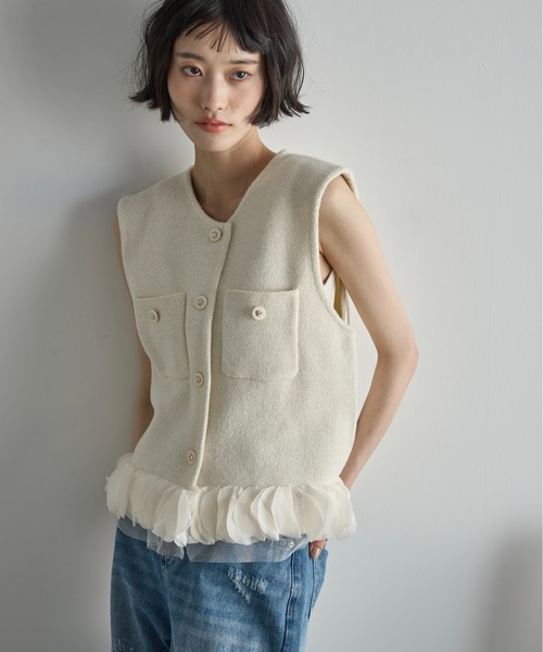 THE Yon ベスト ジレ ラッセルツイードフリルヘムジレ