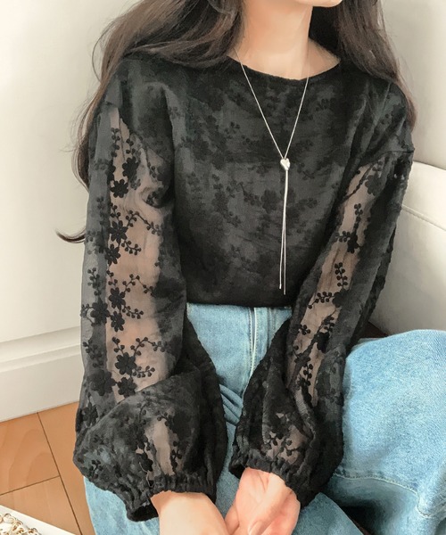 ブラウス シャツ フラワーモチーフ ノースリーブ チュールトップス レディース フラワーモチーフチュールトップス（シャツ/ブラウス）｜MERAKI