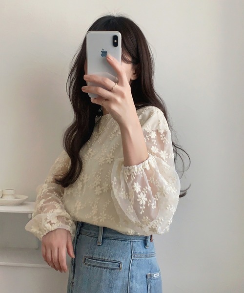 LAUIR ブラウス シャツ 花柄チュールトップス レディース