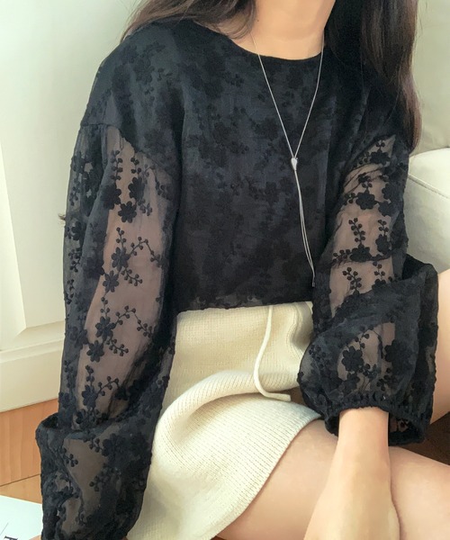 LAUIR ブラウス シャツ 花柄チュールトップス レディース