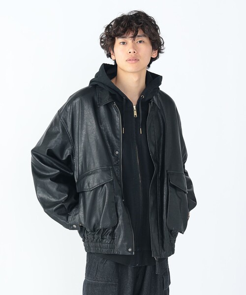 BEAMS HEART ブラック フェイクレザー ブルゾン BEAMS HEART ブルゾン アウター ヴィンテージライク フェイク
