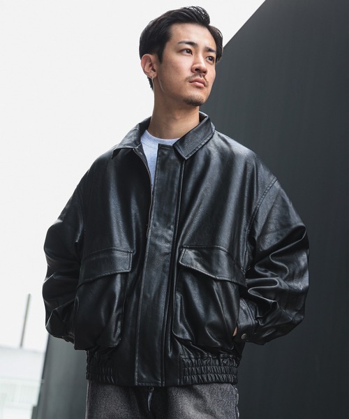 BEAMS HEART ブラック フェイクレザー ブルゾン ヴィンテージライク フェイクレザー ブルゾン（ブルゾン
