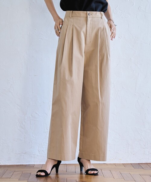 coen パンツ コットンナイロンツータックワイドパンツ