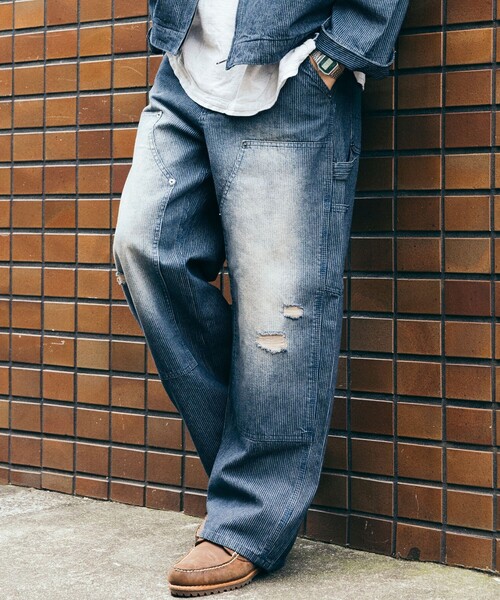 ピ*ツ様 早い者勝ち！デニムダンガリー☆ヒッコリーデニムパンツ FREAK'S STORE ジーンズ ワイドシルエット ダメージ加工