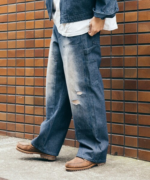 MRNEARLY ダメージ ストリート ワイドパンツ ジーンズ ストリートファッション ダメージ加工ワイドデニム デニム