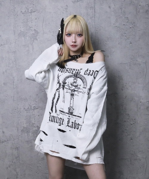 Amilige ダメージガーゼトップス ホワイト Amilige tシャツ ダメージガーゼトップス レディース メンズ