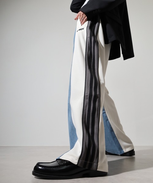 【未使用】NERDY ネイビー デニムトラックパンツ Sサイズ ノルディ NERDY SIDE LINE WIDE DENIM PANTS サイドラインワイド