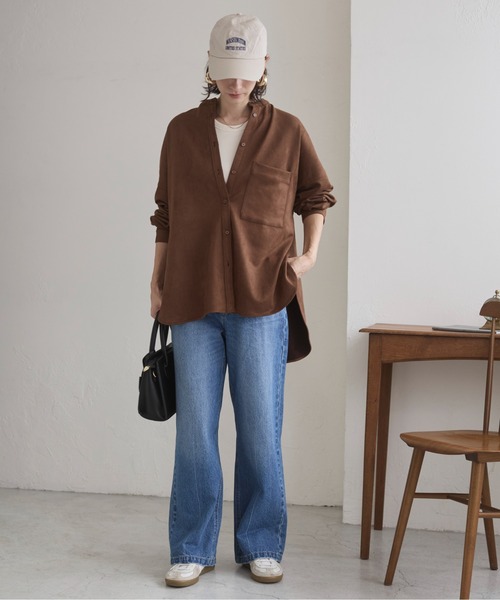 ANGIE ブラウス シャツ フェイクスエード オーバーサイズ バンドカラー