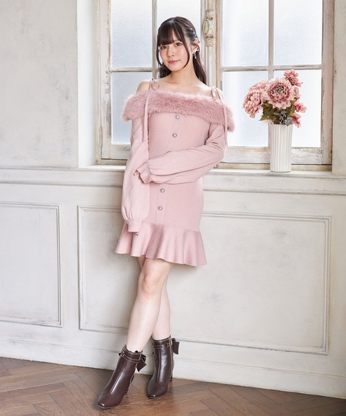 ビジュー付きワンピースピンク セール】 【L】ダブルサテン ワンピース （ロング・マキシ丈ワンピース
