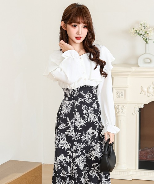 Anely ワンピース フリル ショルダー 花柄 ドッキング ワンピース