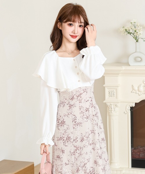 Anely ワンピース フリル ショルダー 花柄 ドッキング ワンピース